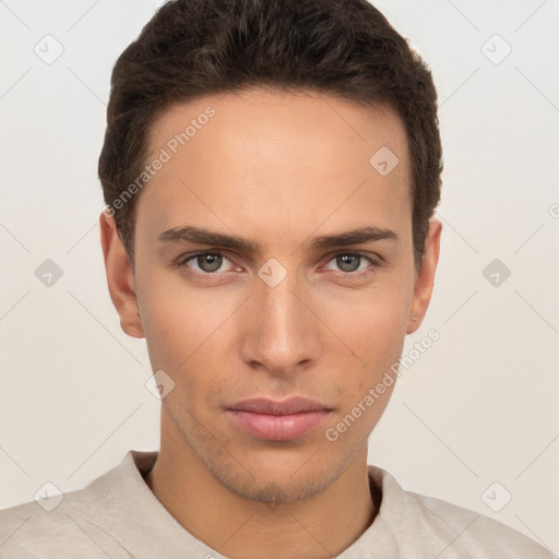 Neutral white young-adult male with short  brown hair and brown eyes