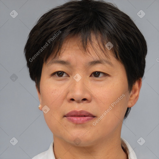 Joyful asian adult female with short  brown hair and brown eyes