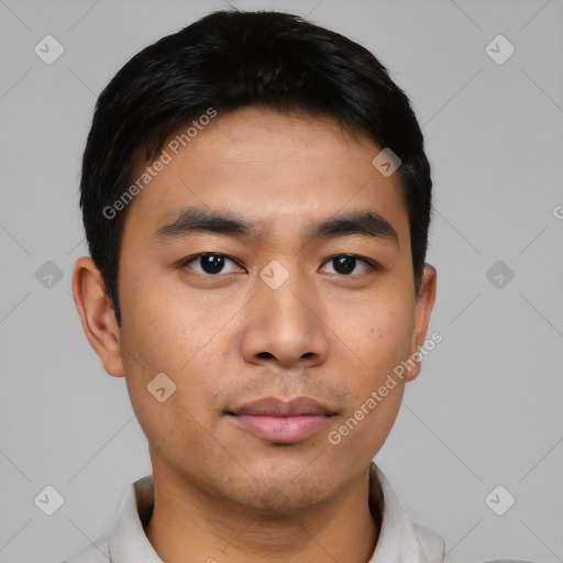 Neutral asian young-adult male with short  black hair and brown eyes