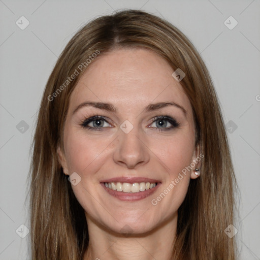 Joyful white young-adult female with long  brown hair and grey eyes