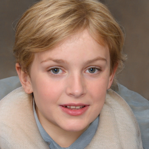 Joyful white child female with medium  brown hair and blue eyes