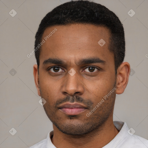 Neutral latino young-adult male with short  black hair and brown eyes