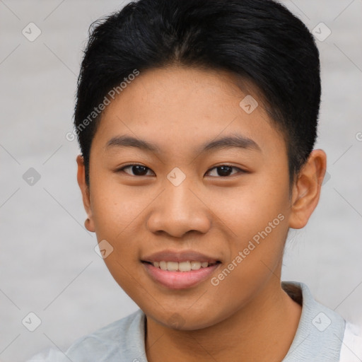 Joyful asian young-adult female with short  brown hair and brown eyes