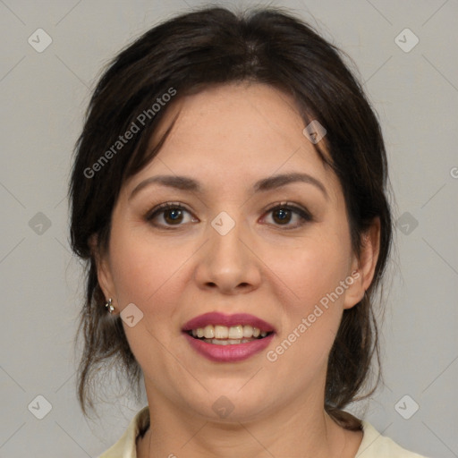 Joyful white young-adult female with medium  brown hair and brown eyes