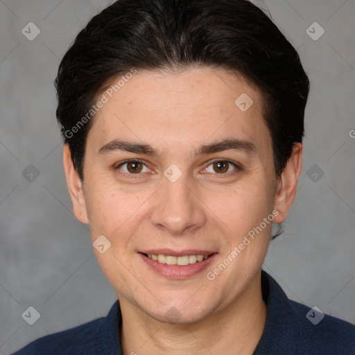 Joyful white adult female with short  brown hair and brown eyes