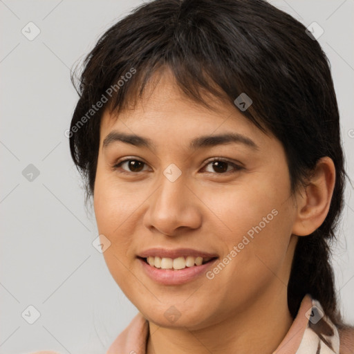 Joyful white young-adult female with medium  brown hair and brown eyes