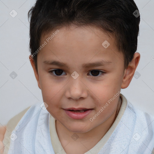 Joyful white child female with short  brown hair and brown eyes