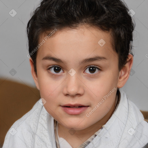 Joyful white child female with short  brown hair and brown eyes