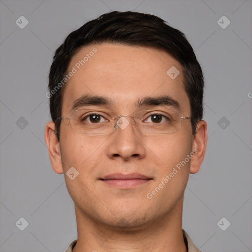 Joyful white young-adult male with short  black hair and brown eyes