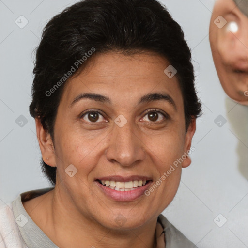 Joyful white adult female with short  brown hair and brown eyes