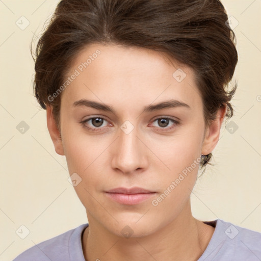 Neutral white young-adult female with short  brown hair and brown eyes