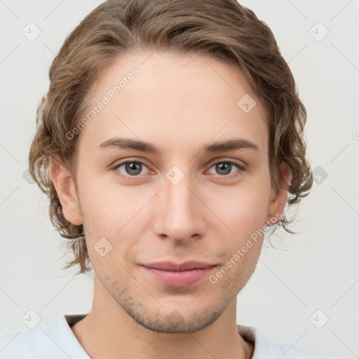 Neutral white young-adult male with short  brown hair and grey eyes