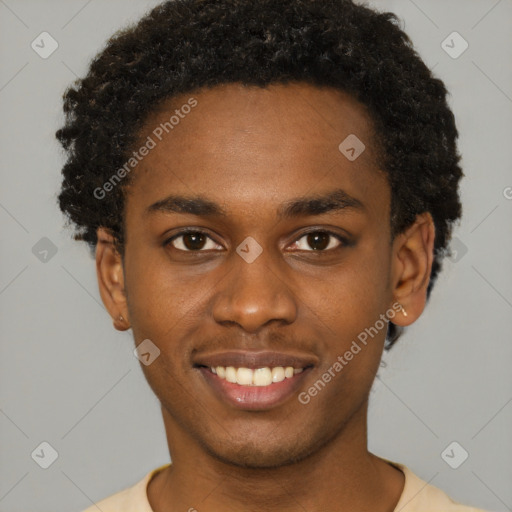 Joyful black young-adult male with short  brown hair and brown eyes