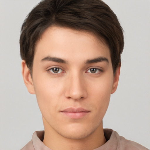 Neutral white young-adult male with short  brown hair and brown eyes