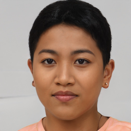 Neutral asian young-adult female with short  black hair and brown eyes