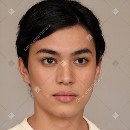 Neutral white young-adult female with short  brown hair and brown eyes
