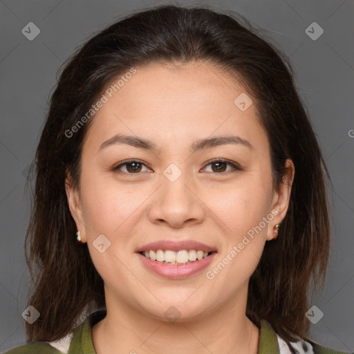 Joyful white young-adult female with medium  brown hair and brown eyes