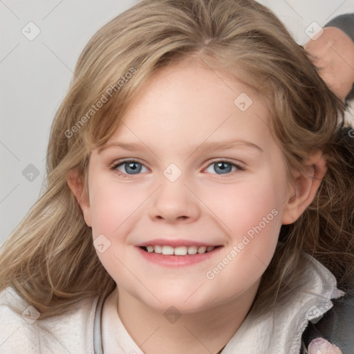 Joyful white child female with medium  brown hair and blue eyes