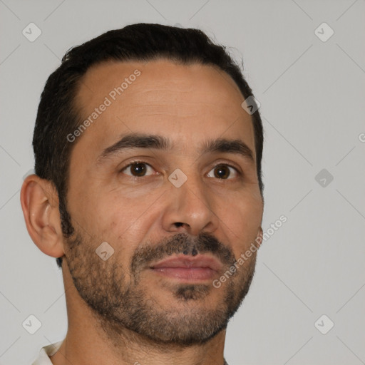 Neutral white young-adult male with short  brown hair and brown eyes