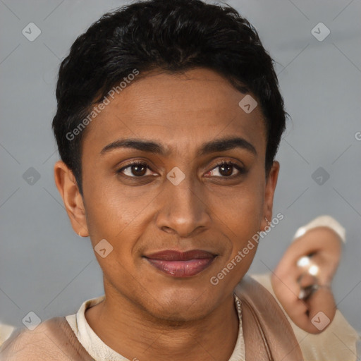 Joyful latino young-adult female with short  brown hair and brown eyes