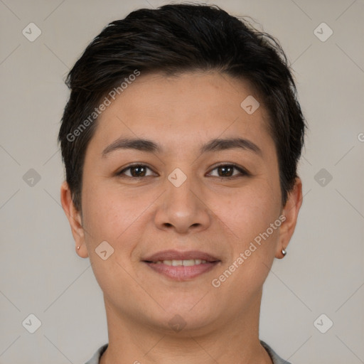 Joyful white young-adult female with short  brown hair and brown eyes