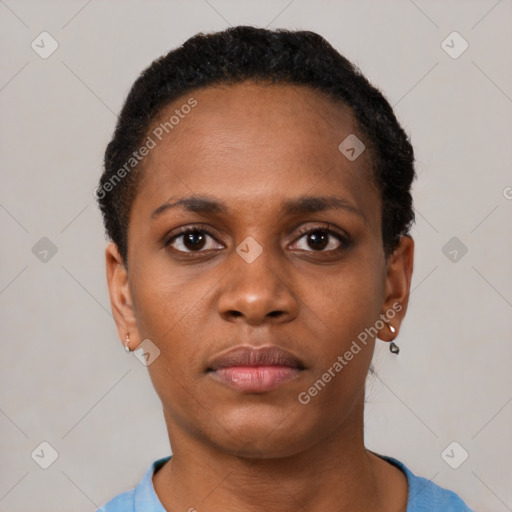 Neutral black young-adult female with short  black hair and brown eyes