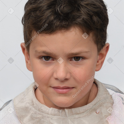 Joyful white child male with short  brown hair and brown eyes