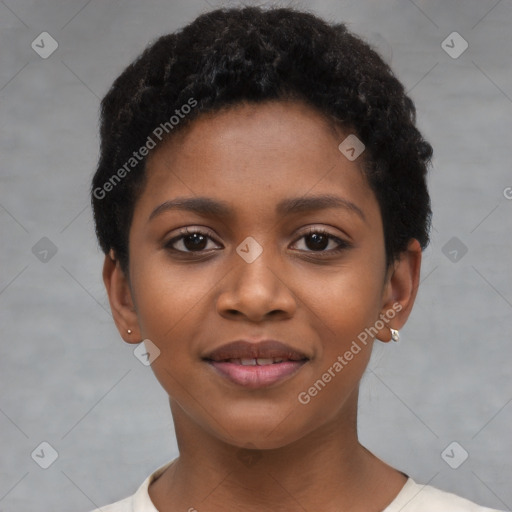 Joyful black young-adult female with short  black hair and brown eyes