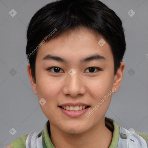 Joyful asian young-adult female with short  brown hair and brown eyes