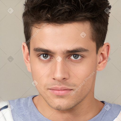 Neutral white young-adult male with short  brown hair and brown eyes