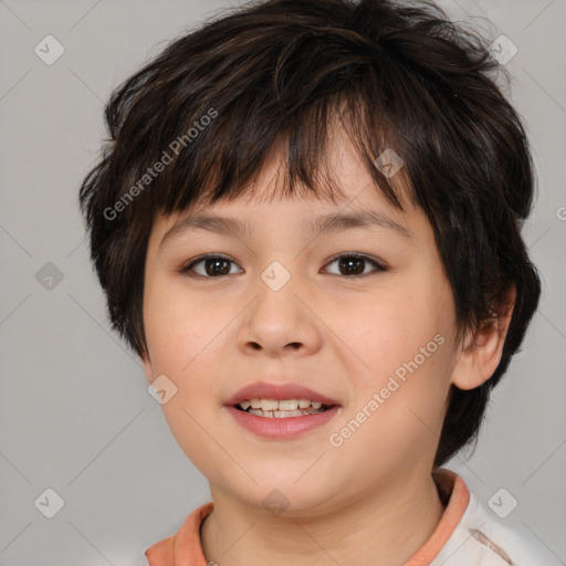 Joyful white child female with medium  brown hair and brown eyes