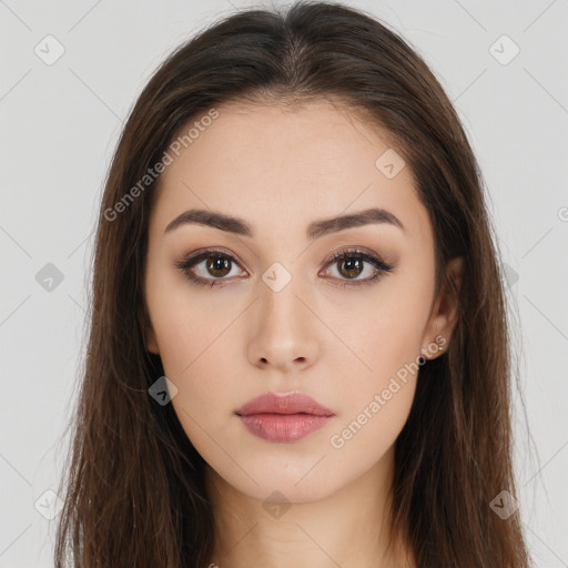 Neutral white young-adult female with long  brown hair and brown eyes