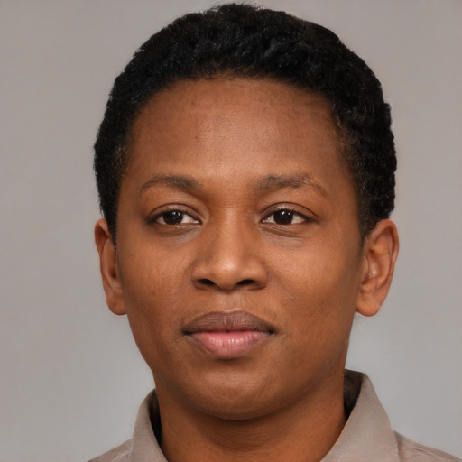 Neutral black young-adult female with short  black hair and brown eyes