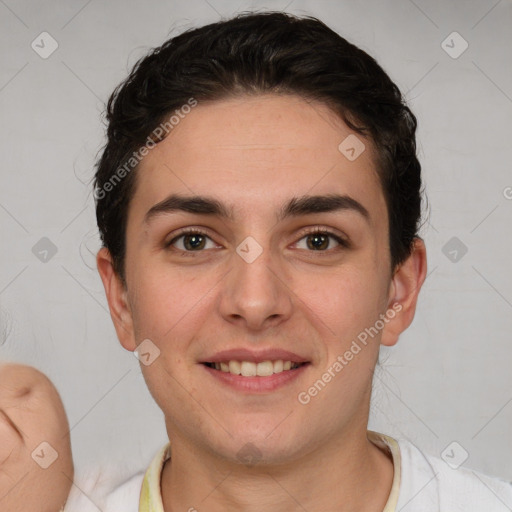 Joyful white young-adult female with short  brown hair and brown eyes