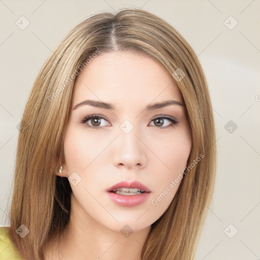 Neutral white young-adult female with long  brown hair and brown eyes