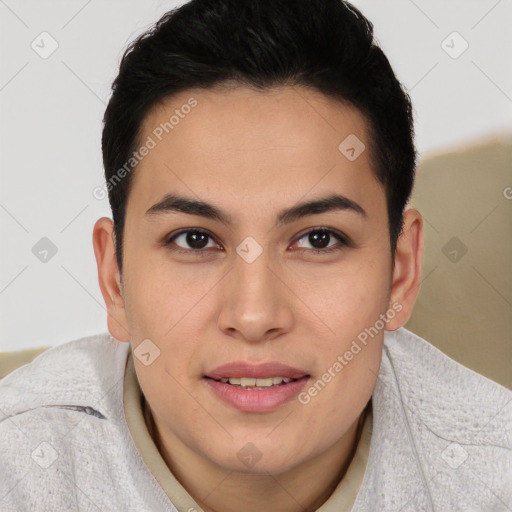 Joyful latino young-adult female with short  brown hair and brown eyes