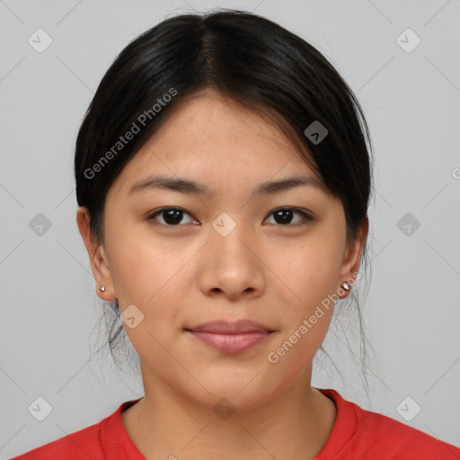 Neutral asian young-adult female with short  brown hair and brown eyes