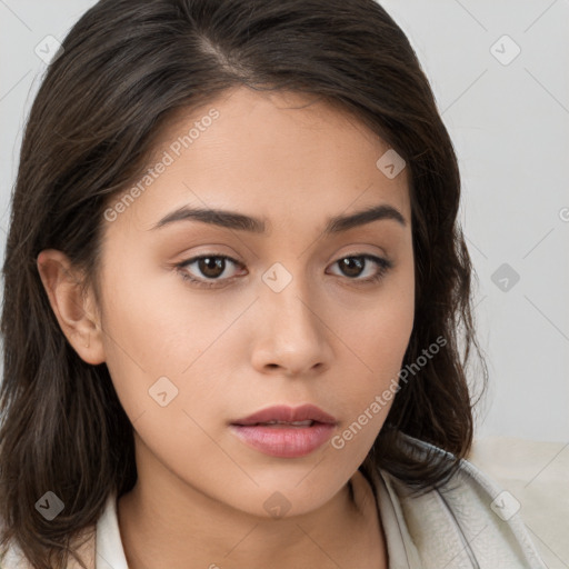 Neutral white young-adult female with medium  brown hair and brown eyes