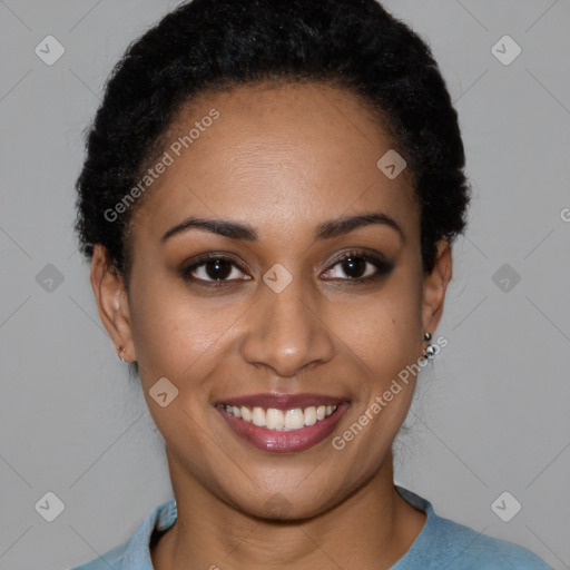 Joyful latino young-adult female with short  brown hair and brown eyes