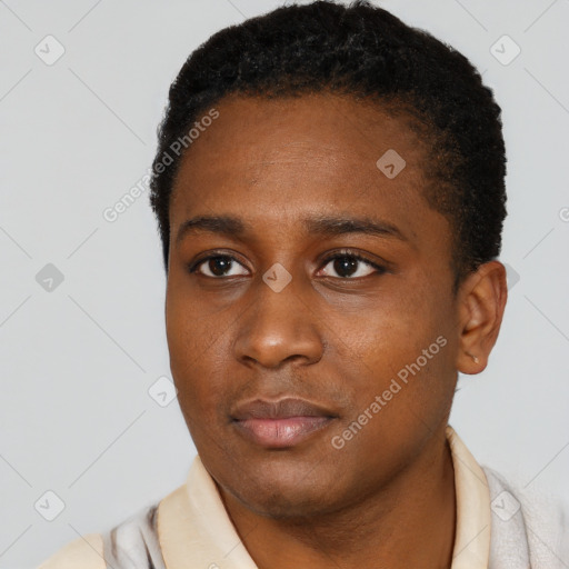 Neutral black young-adult female with short  black hair and brown eyes