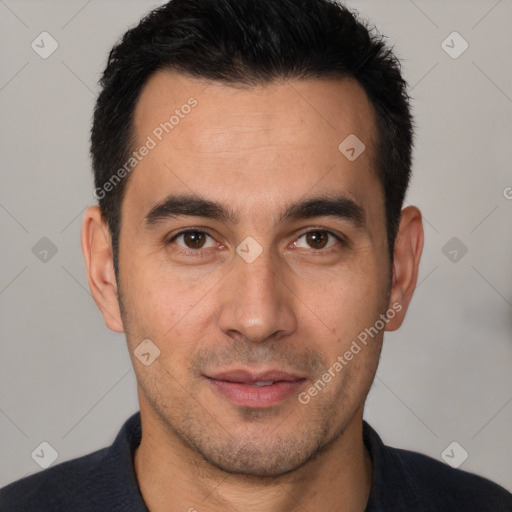 Joyful white young-adult male with short  brown hair and brown eyes