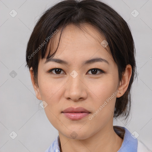 Neutral asian young-adult female with medium  brown hair and brown eyes