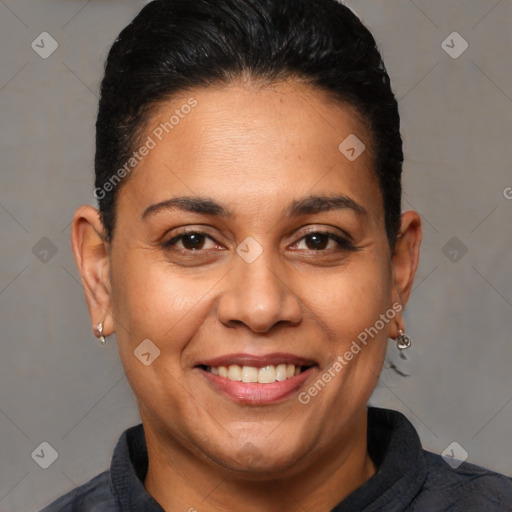 Joyful white adult female with short  brown hair and brown eyes