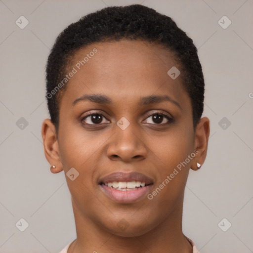 Joyful black young-adult female with short  brown hair and brown eyes