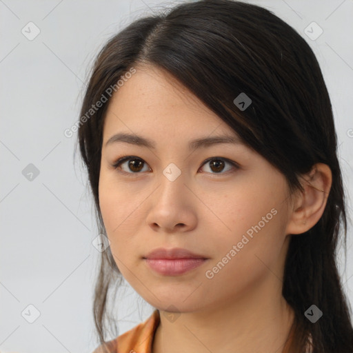 Neutral asian young-adult female with medium  brown hair and brown eyes