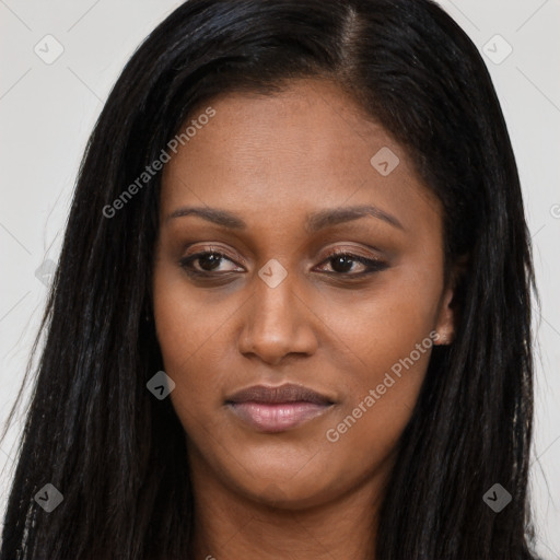 Joyful asian young-adult female with long  brown hair and brown eyes