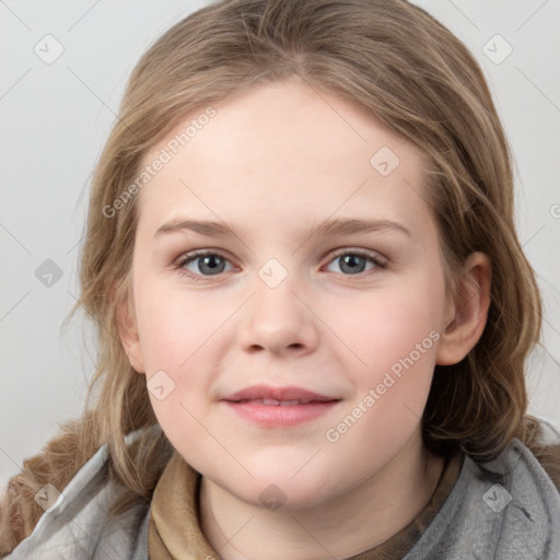 Joyful white child female with medium  brown hair and grey eyes