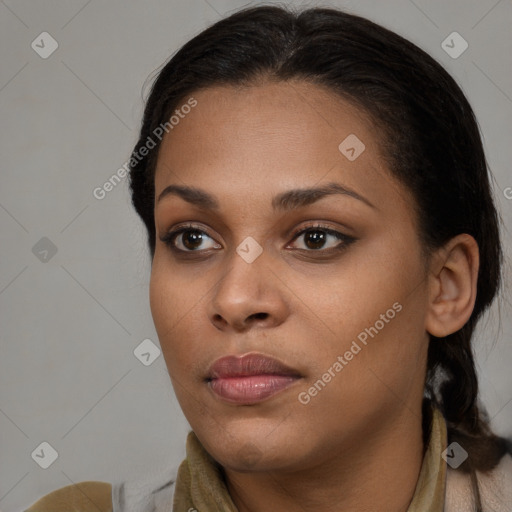 Neutral black young-adult female with medium  brown hair and brown eyes