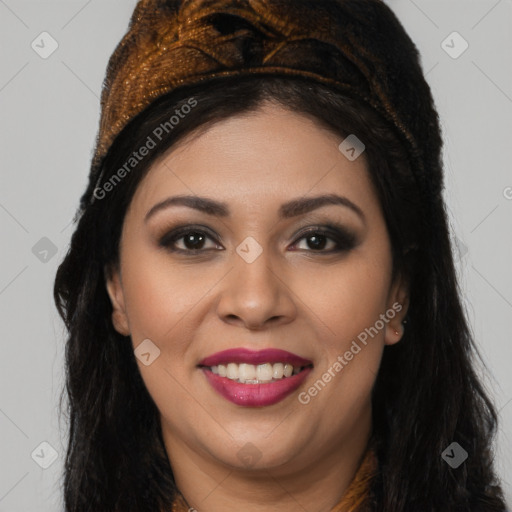 Joyful latino young-adult female with long  brown hair and brown eyes