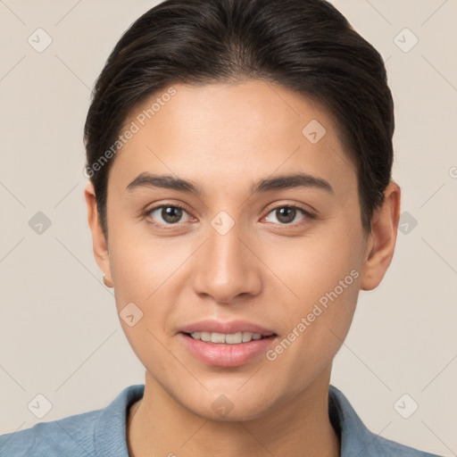 Joyful white young-adult female with short  brown hair and brown eyes